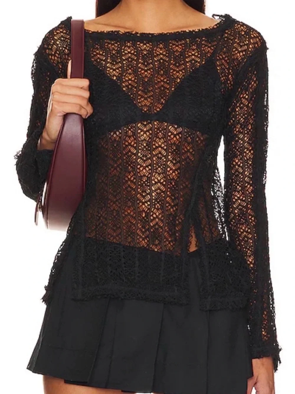 NWT!! #416 FREE PEOPLE On The Road Twisted Tee- Lace Sheer Crochet L/S Black S